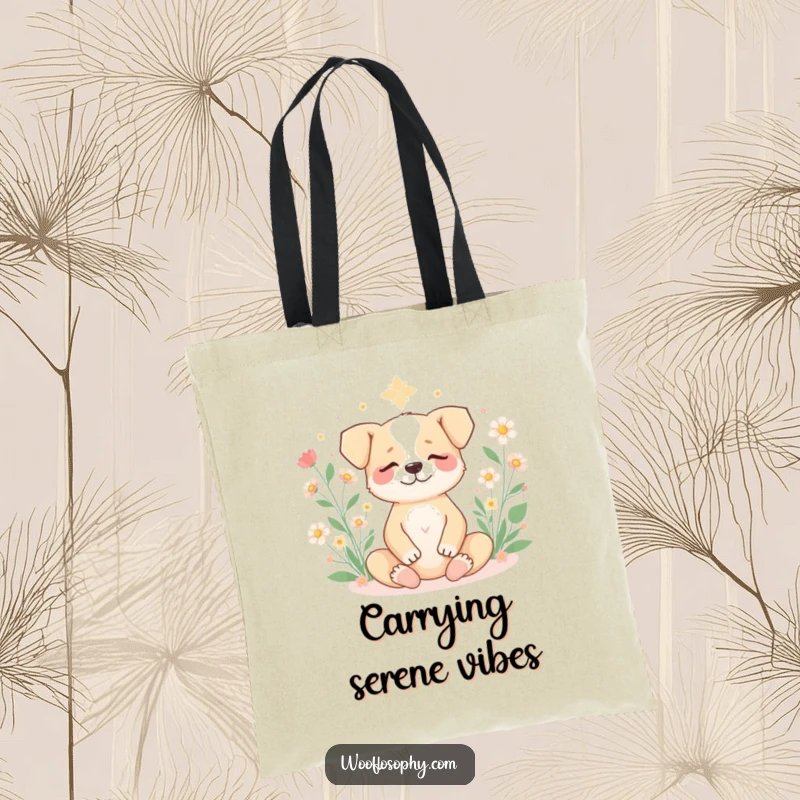 Funny dog meditating peacefully amidst blooming flowers, carried in a humorous tote bag for calm errands.