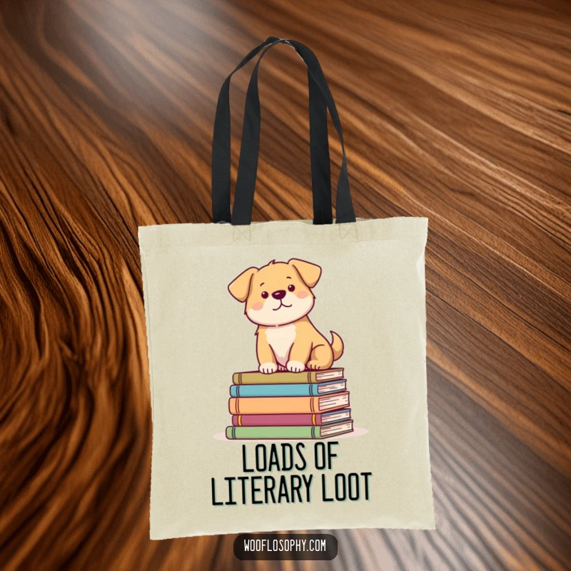 Funny Dog Tote Bag with a serene dog sitting on a pile of books, ideal for carrying novels and literary finds.
